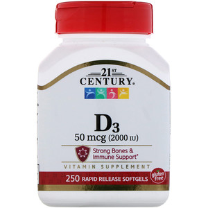 

Витамин D3 21st Century 50 мкг 2000 ме капсулы 250 шт., Витамин D3 2000 ME