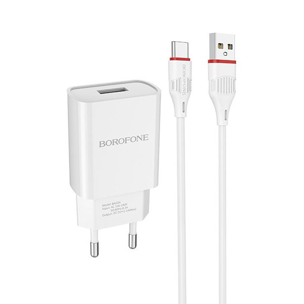 фото Сетевое зарядное устройство borofone ba20a, 1xusb, type-c, 2,1 a, white