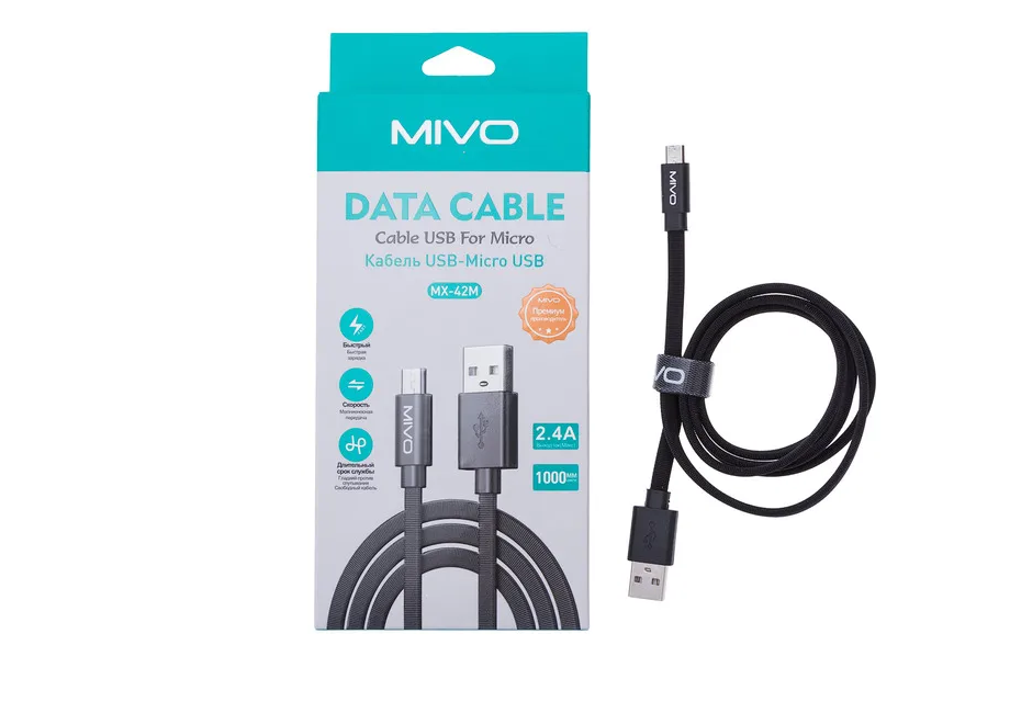 Кабель MIVO MX-42M USB-Micro USB, 1 м, 5 В / 2,4 А черный