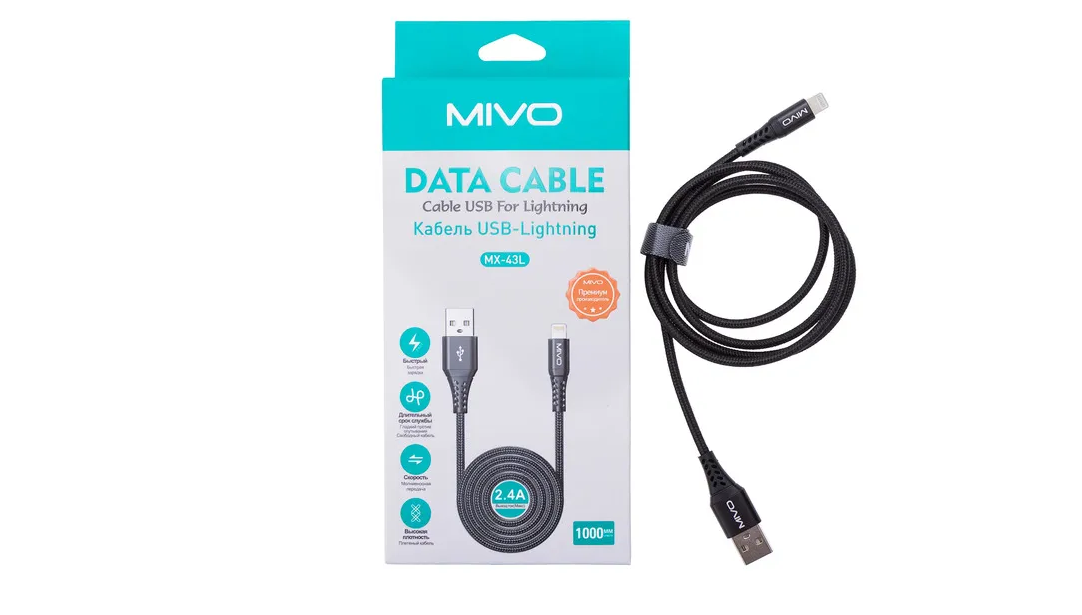 Кабель MIVO MX-43L USB-Lightning, 1 м, 5 В / 2,4 А черный