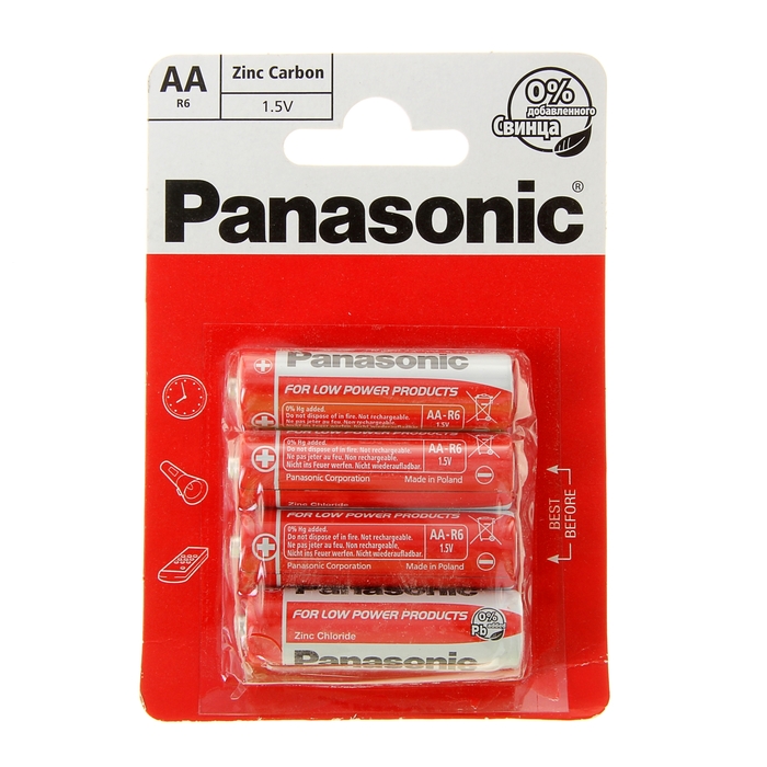 Panasonic Батарейка солевая Panasonic Zinc Carbon, AA, R6-4BL, 1.5В, блистер, 4 шт,