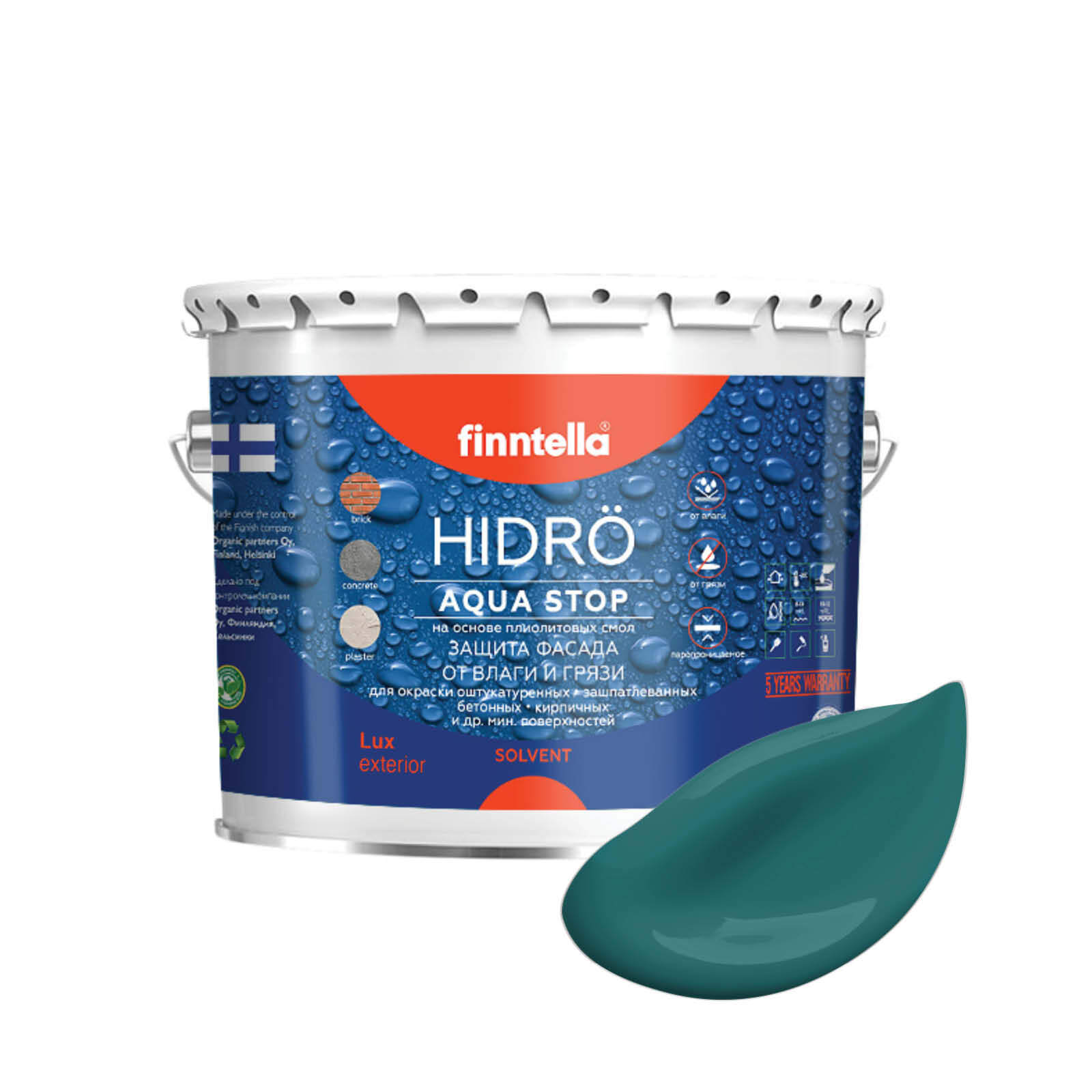 

Краска HIDRO, MALAKIITTI темно-бирюзовый, 2,7л, HIDRO самоочищающаяся фасадная со свойствами лотоса, плиолит-полиуретановая