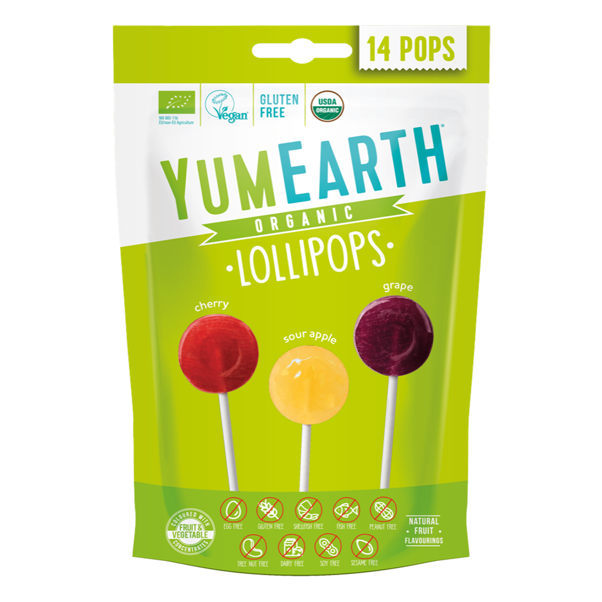 Леденцы на палочке YumEarth Organic Sour Lollipops органические ассорти, 14 леденцов, 87 г