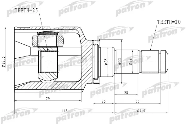 

ШРУС внутренний левый 20X35X25 TOYOTA ISIS ANM10/ZGM10/ZGM11/ZNM10 04- PATRON PCV1763