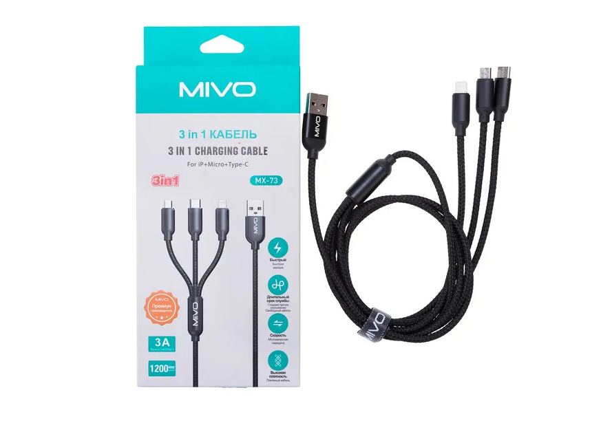 Кабель для мобильных устройств Lightning-USB Type-C Mivo MX-73/MX-74 1.2м черный