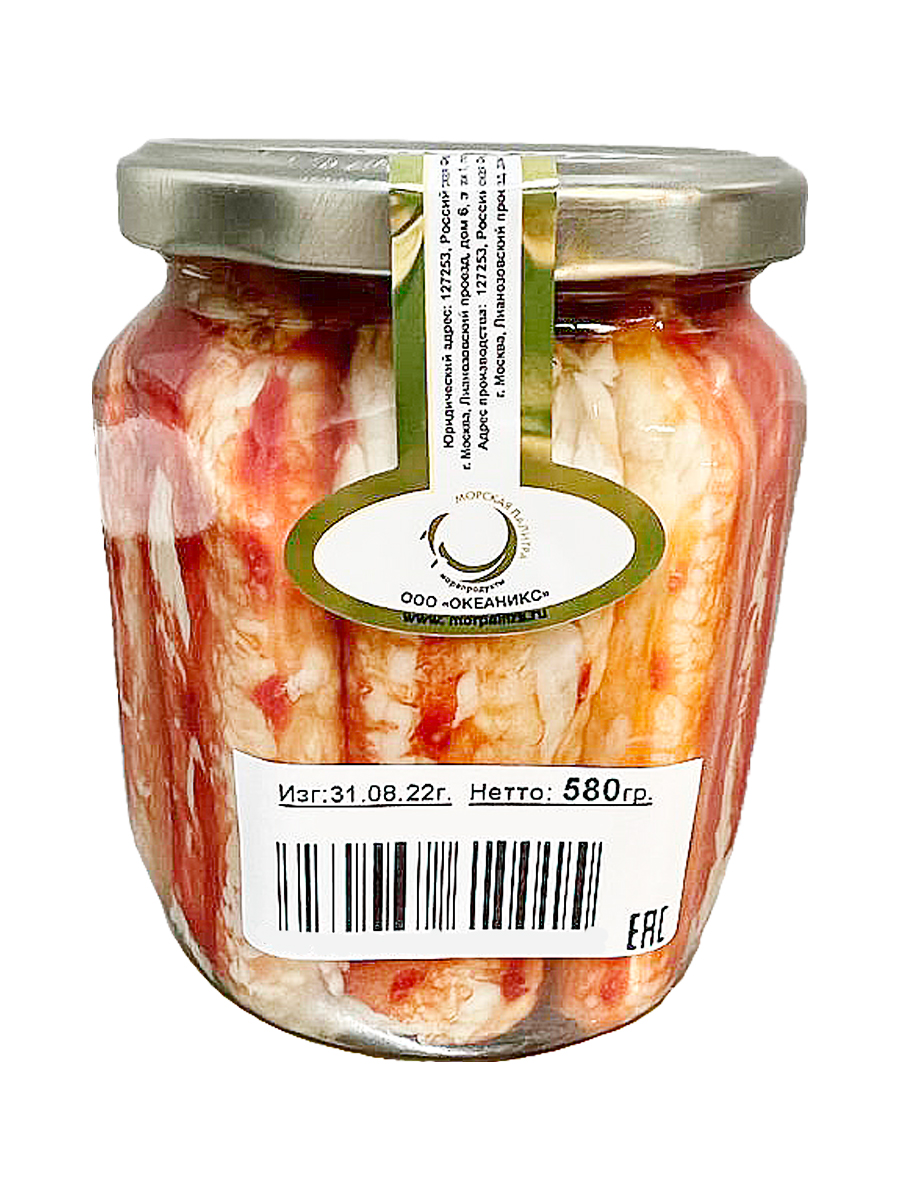 

Мясо Камчатского краба Морская палитра, фаланги натуральные, 580гр, Мясо краба натуральное в банке 580гр