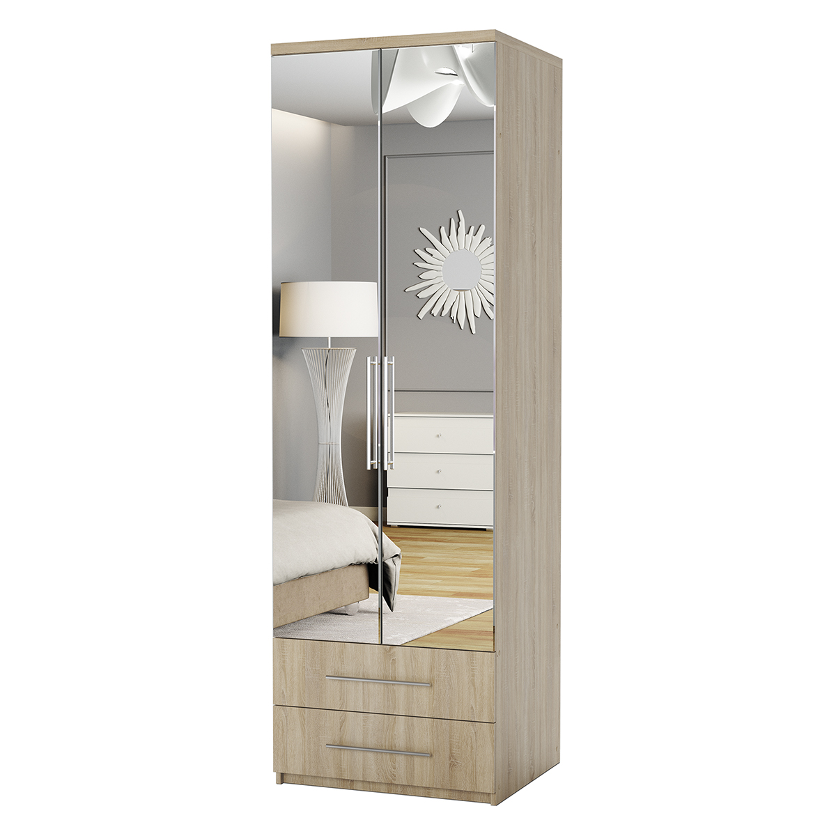 фото Шкаф комбинированный с ящиками шарм-дизайн комфорт мкя-22 100х45 с зеркалами дуб сонома
