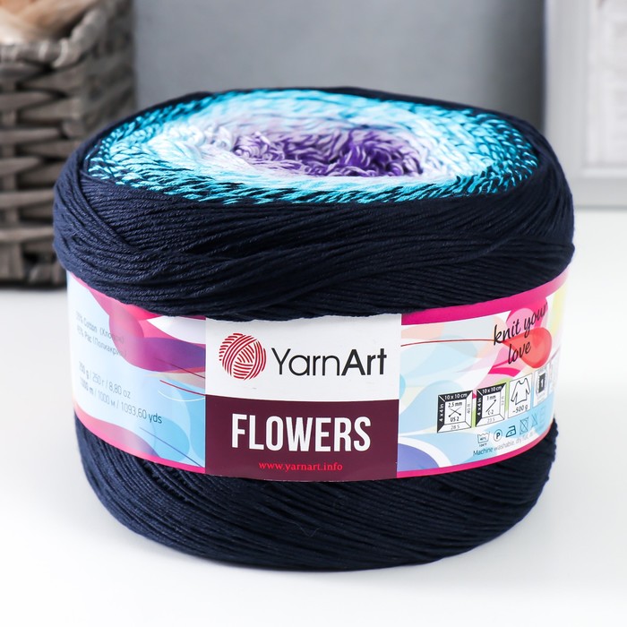 

Пряжа "Flowers" 55% хлопок, 45% полиакрил 1000м/250гр (254 т.синий-бирюза), Пряжа для вязания "Flowers"