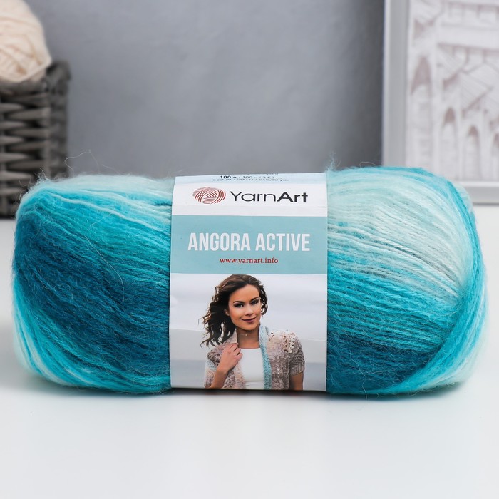 фото Пряжа "angora active" 25% мохер, 75% акрил 500м/100гр (845 бело-бирюзовый) yarnart