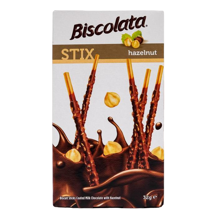 Бисквитные палочки Biscolata Stix Hazelnut в молочном шоколаде с лесным орехом, 32 г