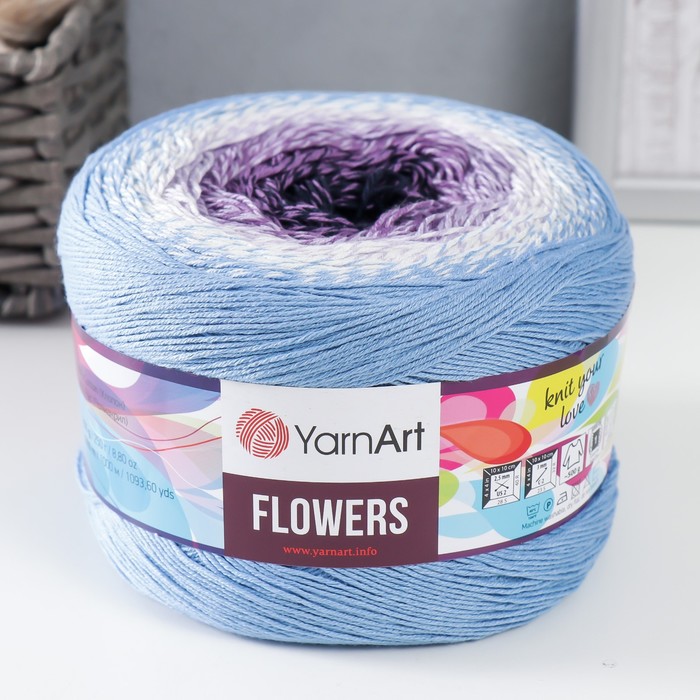 

Пряжа "Flowers" 55% хлопок, 45% полиакрил 1000м/250гр (264 голуб-сирень-белый), Пряжа для вязания "Flowers"