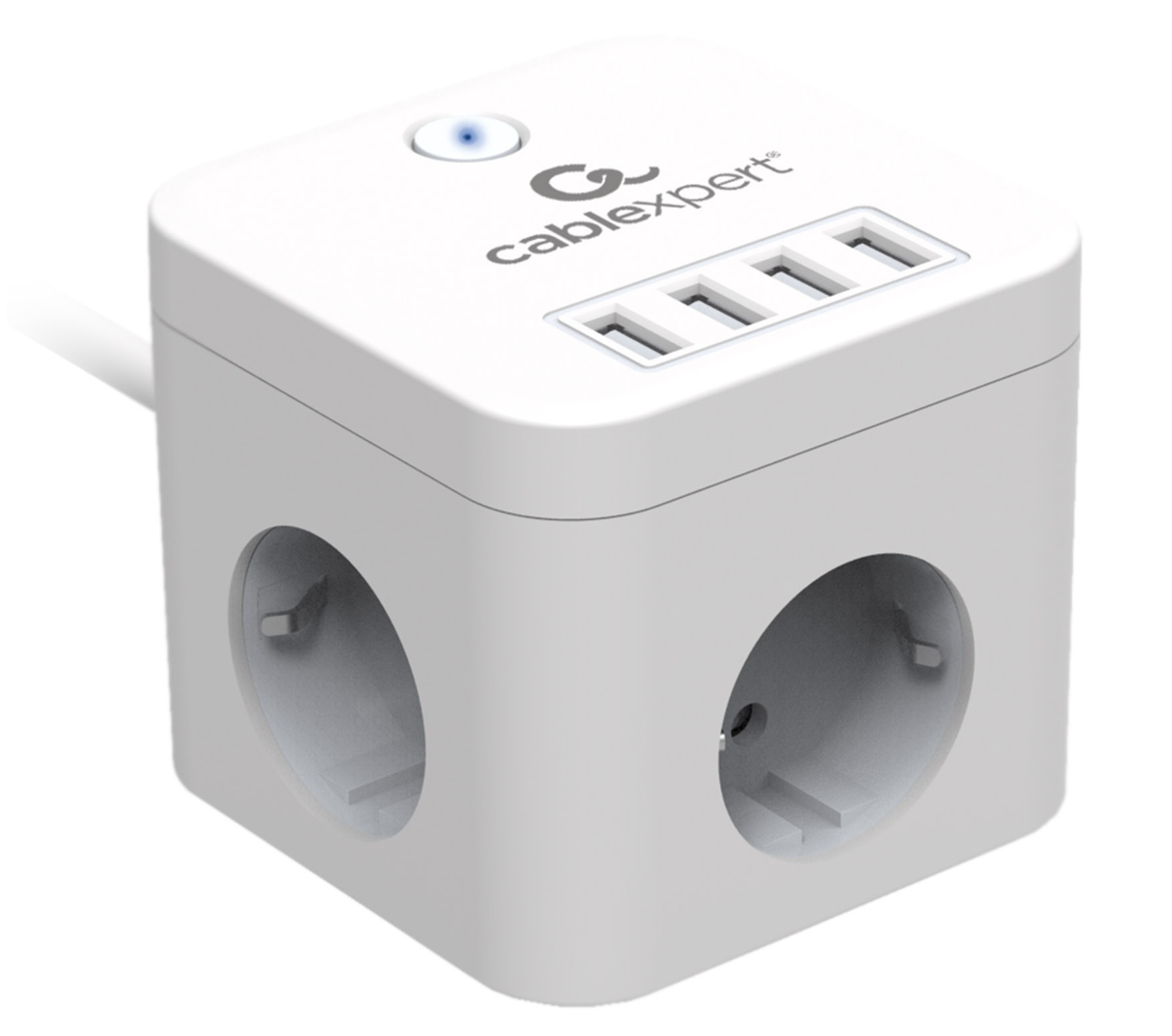 Сетевой фильтр Cablexpert Cube, 3 розетки, 10А, 4хUSB, белый, 1.5 м CUBE-3-U4-W-1.5