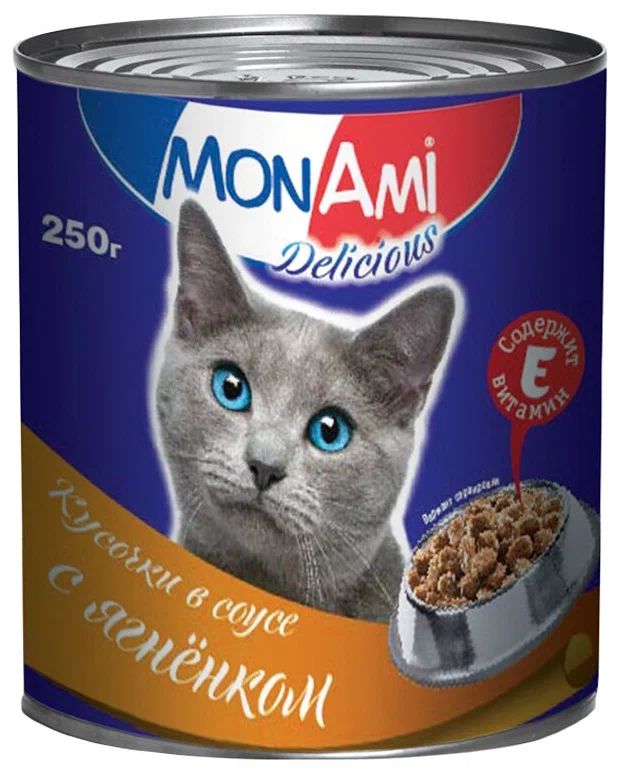 Консервы для кошек MonAmi Delicious, кусочки в соусе с ягненком, 250г