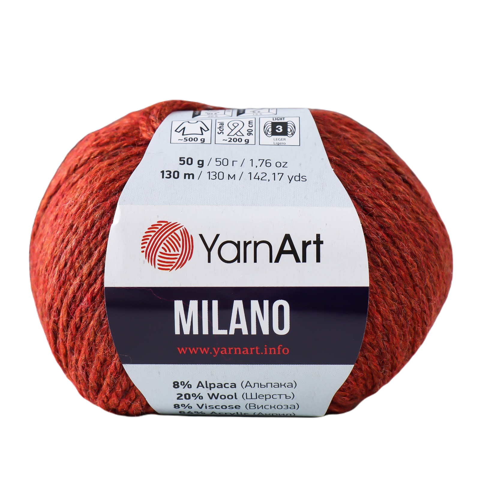 

Пряжа "Milano" 8%альпака, 20%шерсть, 8%вискоза, 64%акрил 130м/50гр (857 терракот), Оранжевый, Пряжа для вязания "Milano"