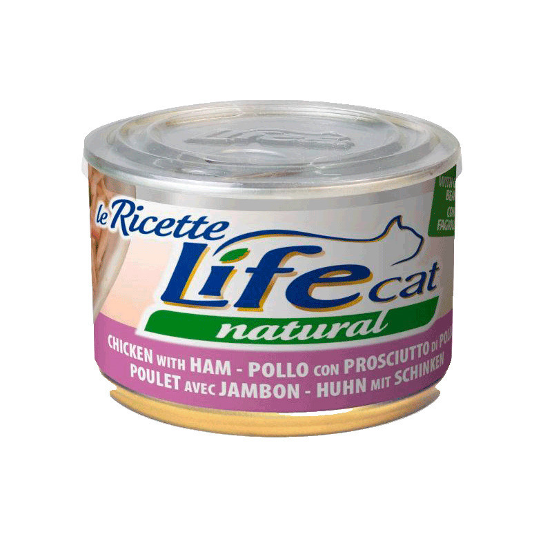 фото Влажный корм для кошек lifecat natural chicken & ham с курицей и ветчиной в бульоне, 85г