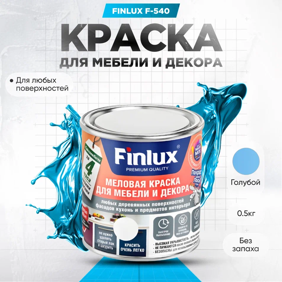 Краска Finlux F-540 для мебели и декора, кухонь и предметов интерьера Голубой-0,5 кг