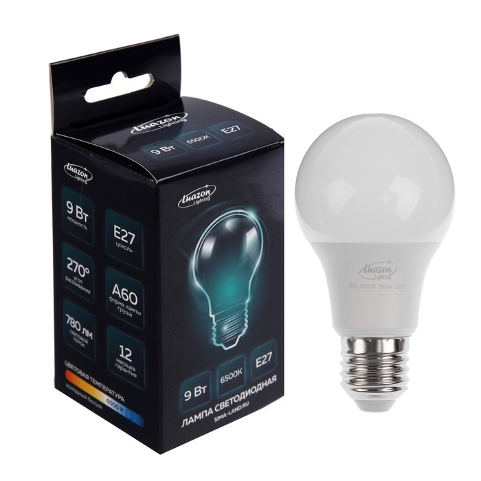 

Лампа cветодиодная Luazon Lighting, A60, 9 Вт, E27, 780 Лм, 6500 К, холодный белый