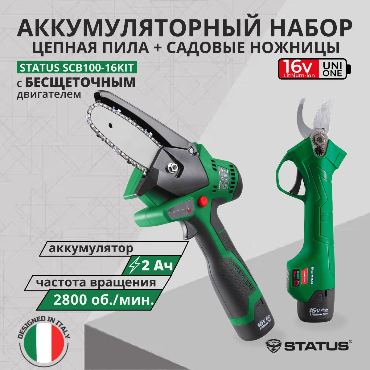 Аккумуляторная пила цепная мини Status SCB100-16Kit садовые ножницы 16 В