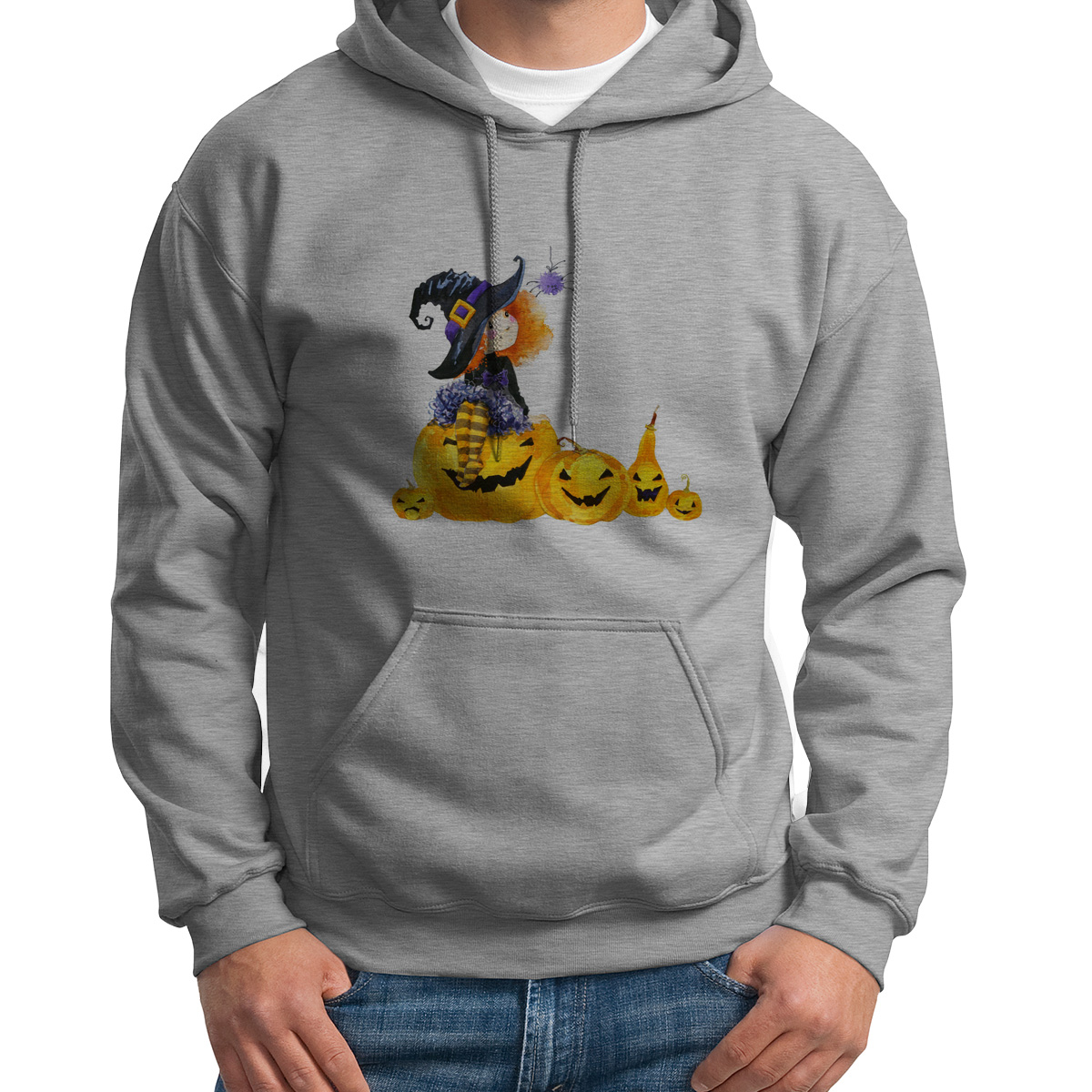 

Худи унисекс CoolPodarok Графика Ведьмочка с тыквами серое 54 RU, Серый, 4S015403