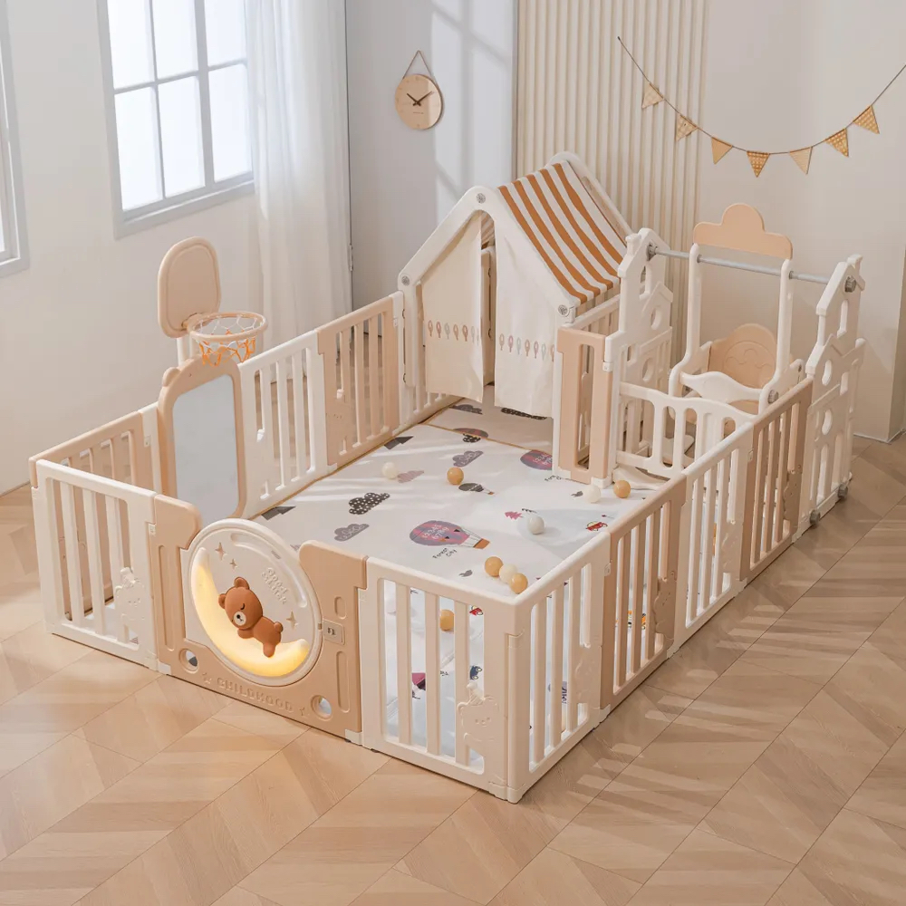 Манеж детский UNIX Kids DeLuxe House 180x200 см Camel с домиком и качелями, 2 коврика