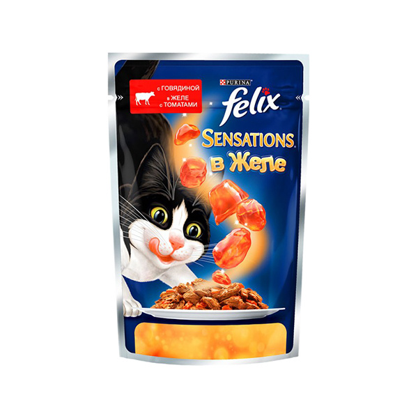 фото Влажный корм для кошек felix sensation, говядина в желе с томатами, 85г