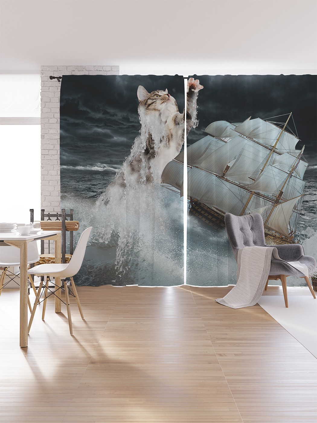 

Шторы под лён «Кот разрушает корабль», серия Oxford DeLux, 340х265 см