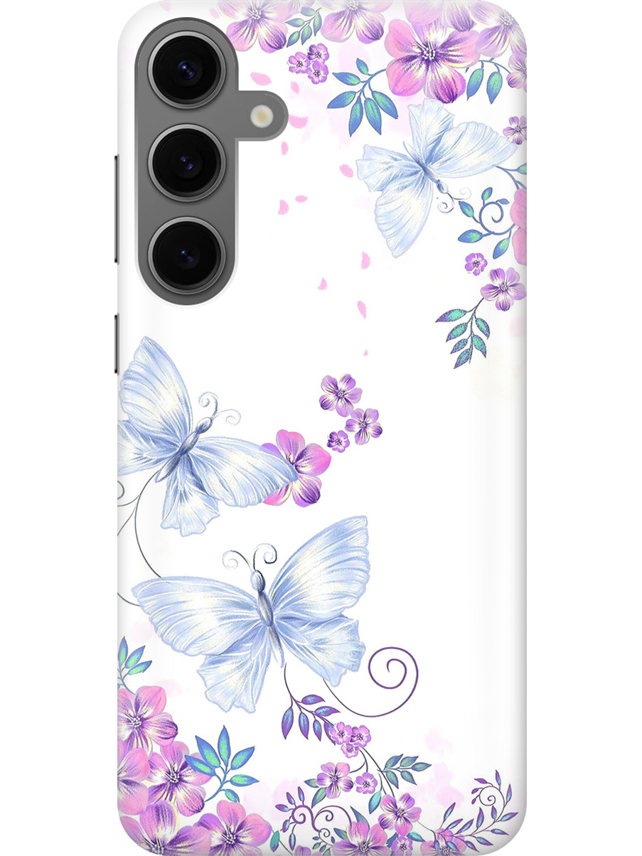 

Силиконовый чехол на Samsung Galaxy S24+ с рисунком "Бабочки и фиалки", Белый;фиолетовый, 20011906