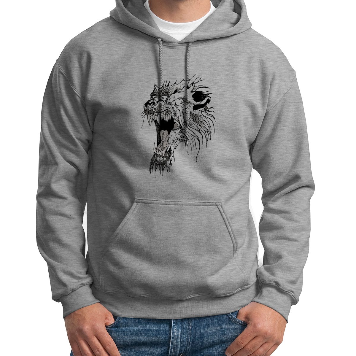 

Худи унисекс CoolPodarok Животные Лев пасть серое 54 RU, Серый, 4S015623