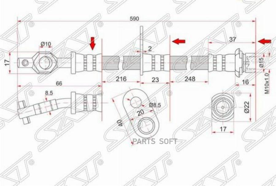 

SAT Шланг тормозной передний (Таиланд) TOYOTA CAMRY/VISTA 90-94 RH