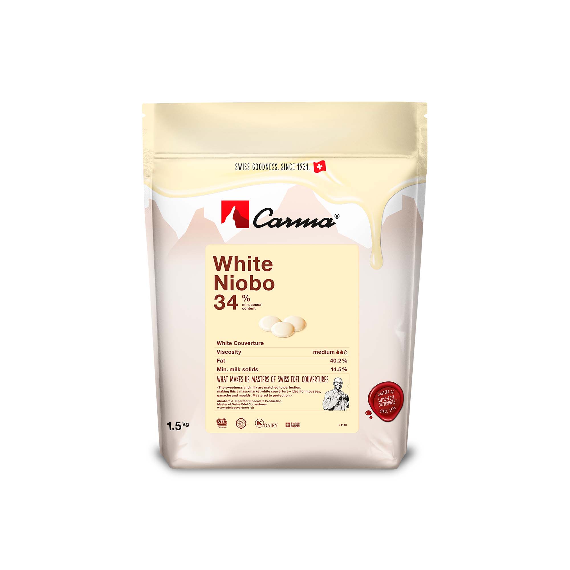 Швейцарский белый шоколад Carma Niobo 34%, 1,5 кг