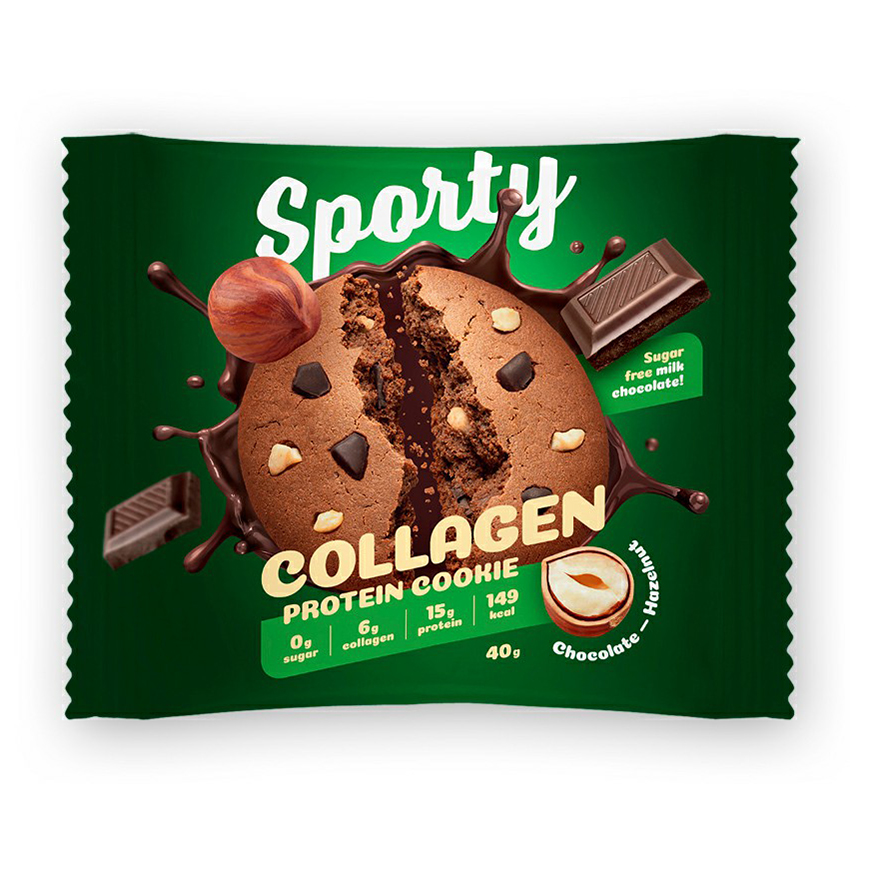 Печенье Sporty Collagen Шоколад-фундук протеиновое с коллагеном 40 г