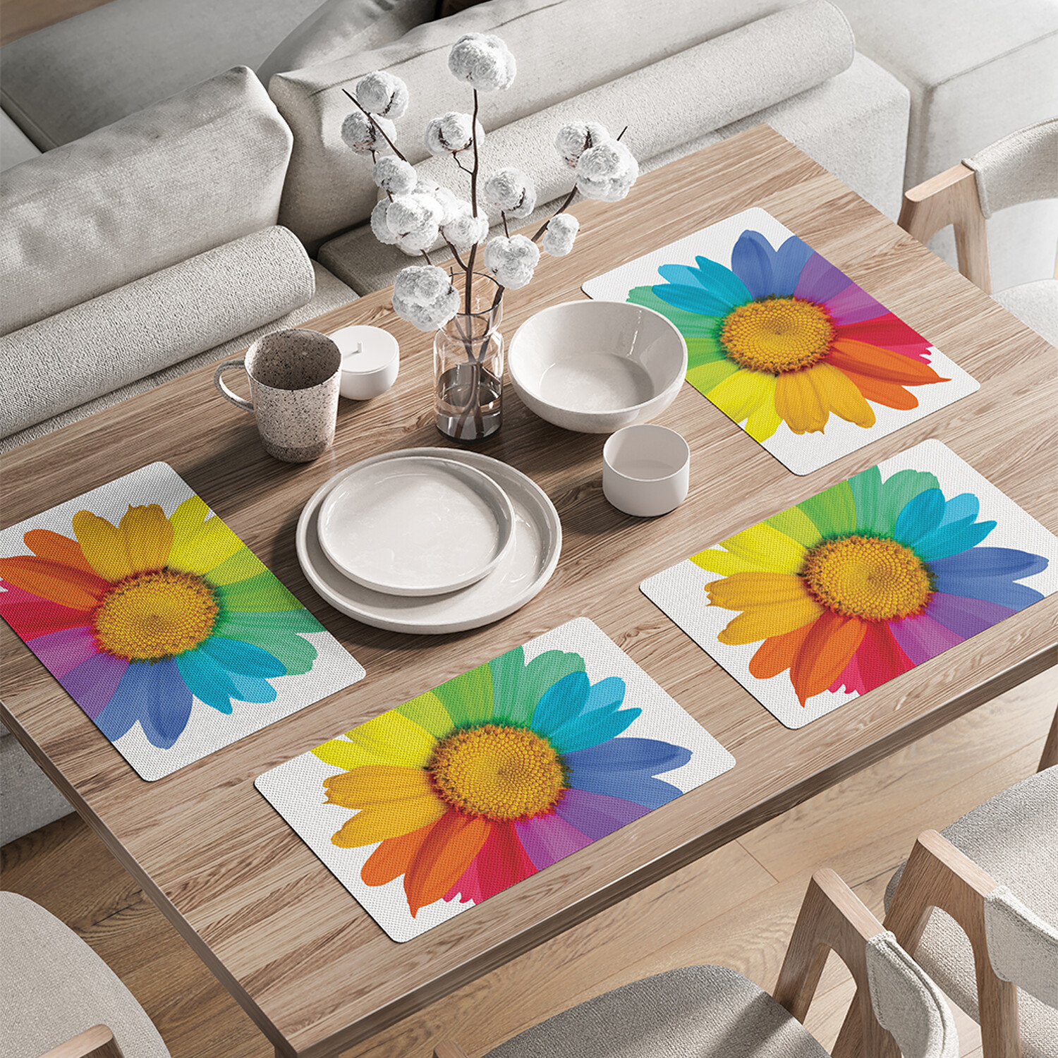 

Комплект тканевых салфеток JoyArty Радужный цветок для сервировки стола 46x30 см, 4шт, Желтый, Радужный цветок