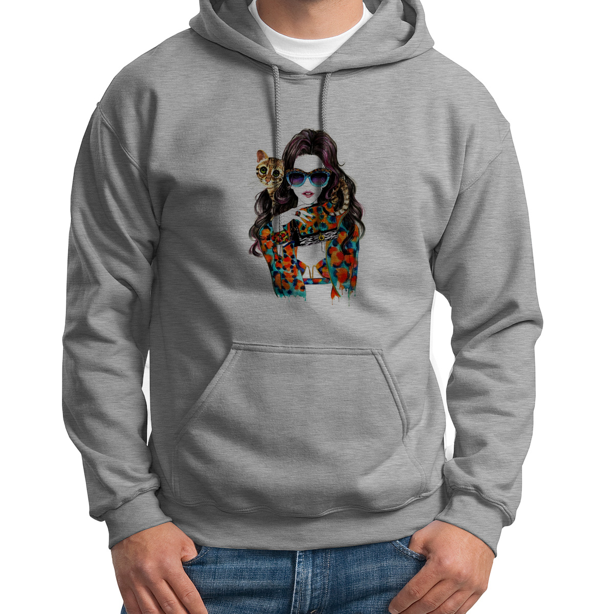 

Худи унисекс CoolPodarok Модный принт Девушка с кошкой серое 54 RU, 54S01594
