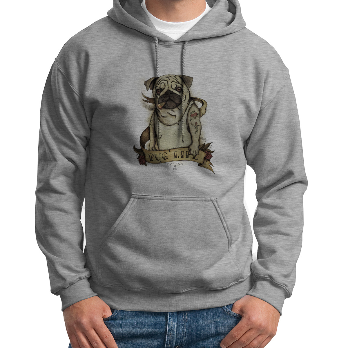 

Худи унисекс CoolPodarok Мопс Pug life серое 54 RU, 54S02584