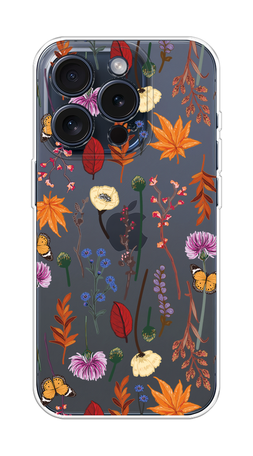 

Чехол Homey на Apple iPhone 15 Pro "Orange Purple flowers"", Оранжевый;красный;розовый;желтый;прозрачный, 15750-1