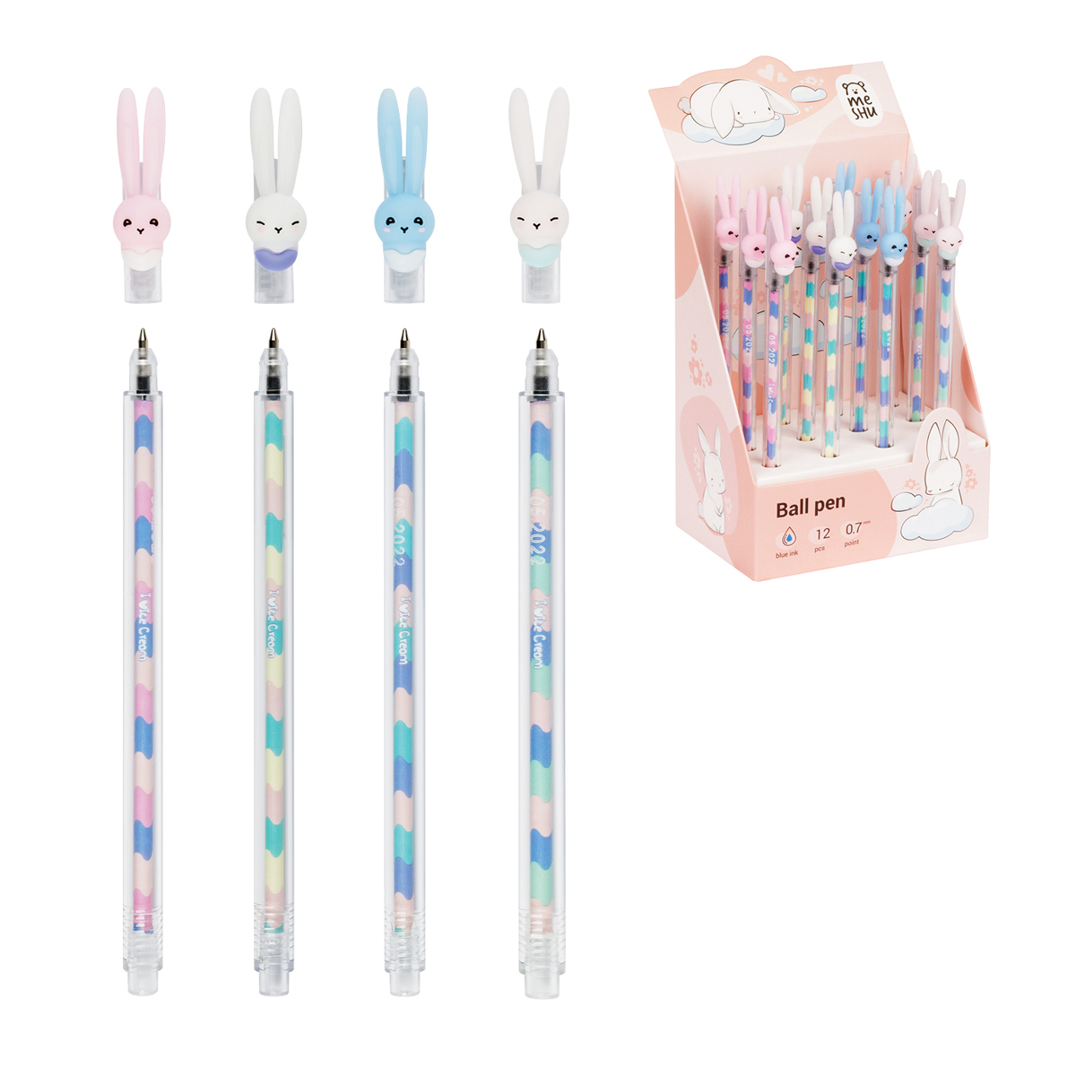 

Ручка шариковая MESHU Ice Cream Rabbit синяя 07мм корпус ассорти с топпером (12шт)