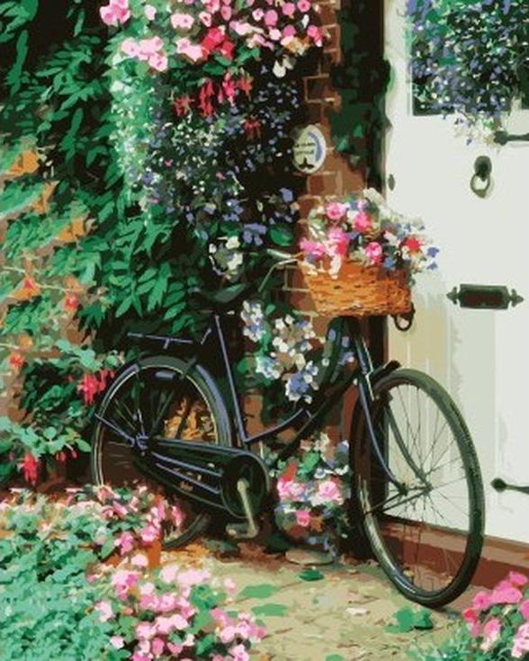 фото Картина по номерам цветной велосипед с цветами, 40x50 см