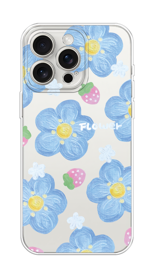 

Чехол Homey на Apple iPhone 15 Pro Max "Цветы и клубники", Прозрачный;голубой;белый, 15850-1