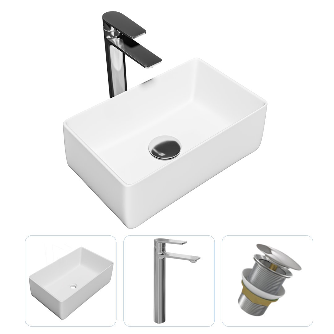 фото Комплект teymi 3 в 1: раковина helmi mini 38 + смеситель хром + выпуск без перелива f01809