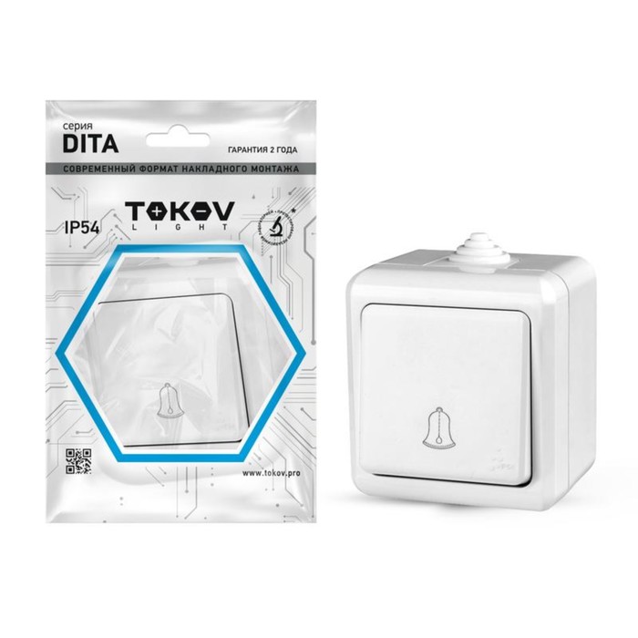 

Кнопка звонка TOKOV ELECTRIC, Dita, IP54, 10А, 250В, белый