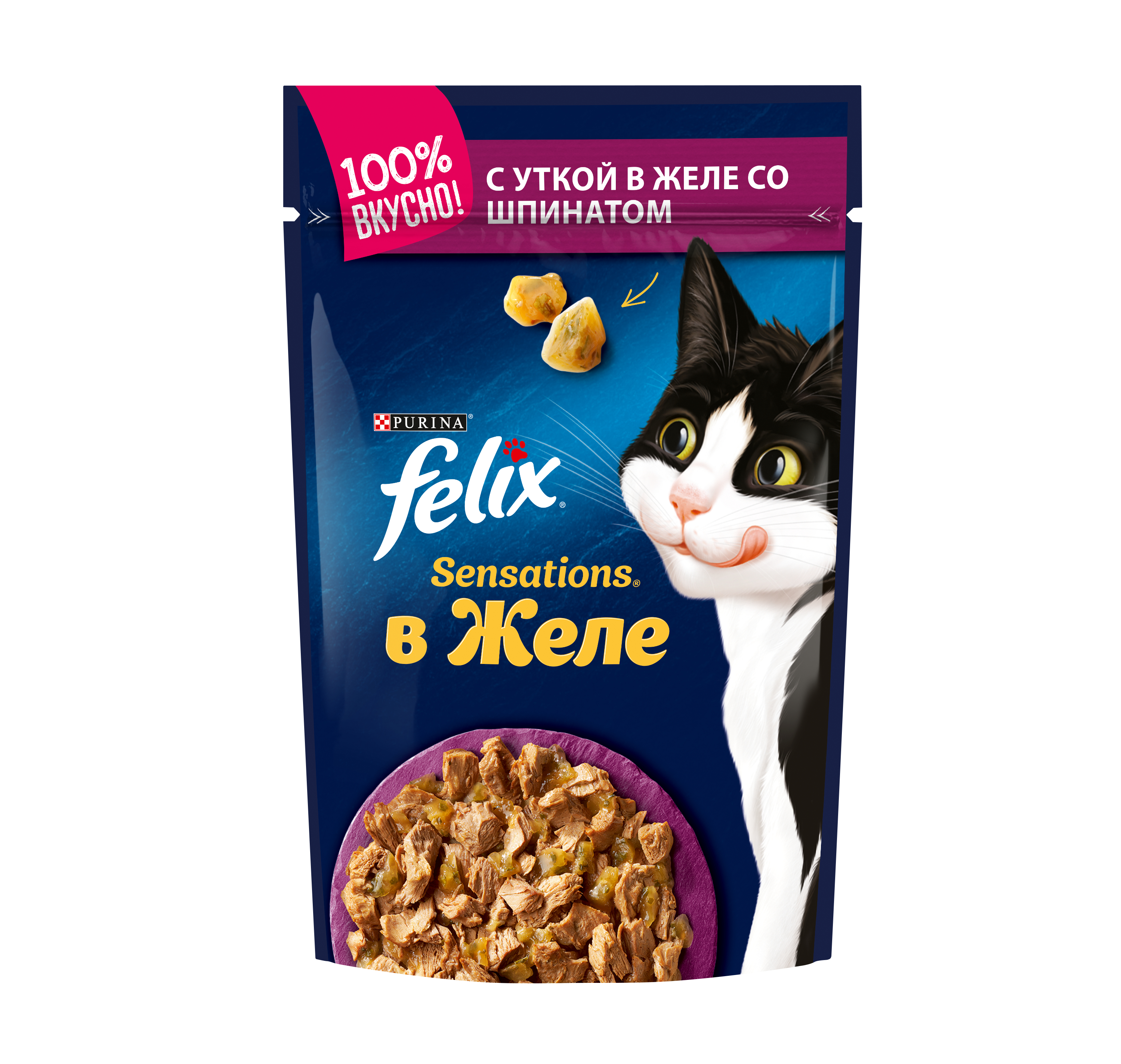 Влажный корм для кошек Felix Sensation, утка, шпинат, 85г