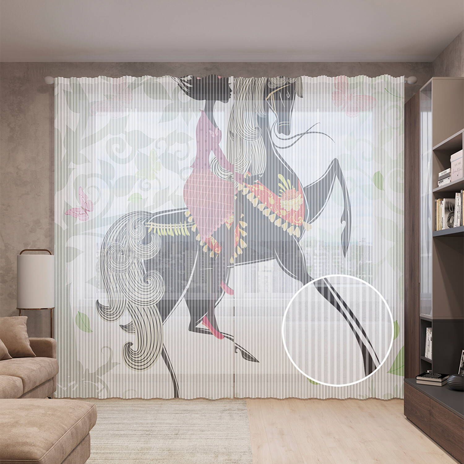 

Тюль вуаль на шторной ленте с принтом JoyArty "Девушка на лошади", 310х265 см, Девушка на лошади