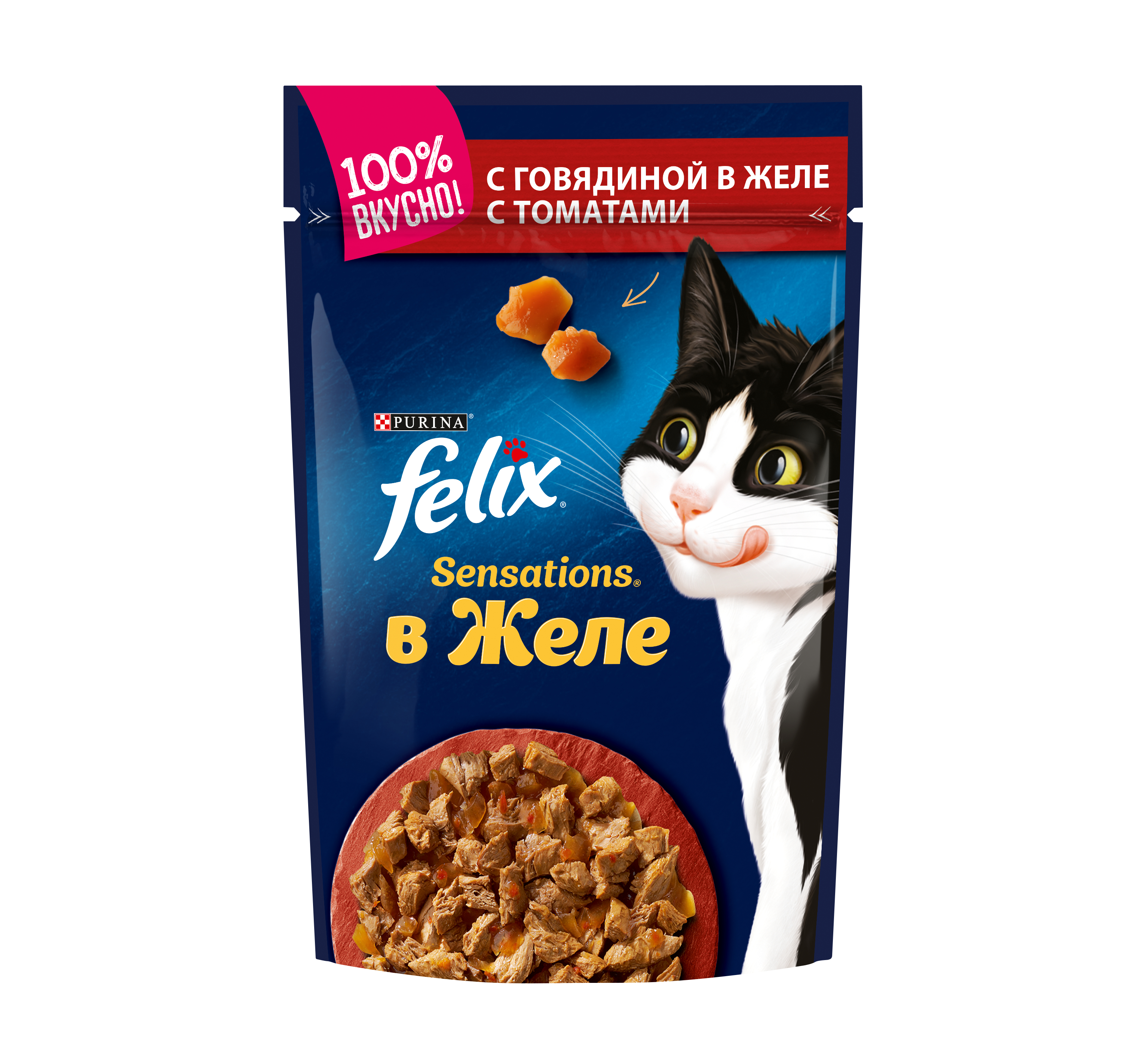 фото Влажный корм для кошек felix sensation, говядина в желе с томатами, 85г