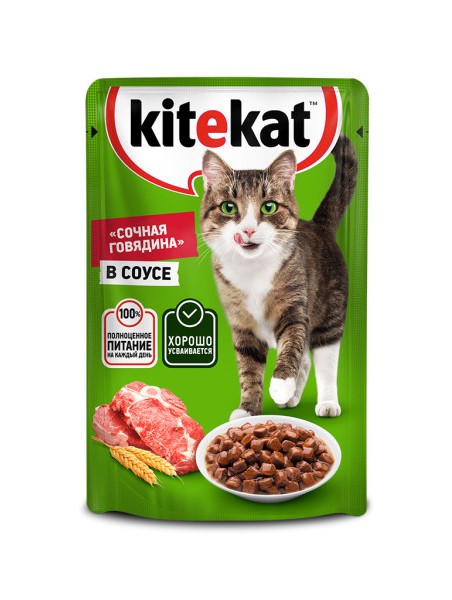 Влажный корм для кошек Kitekat с говядиной в соусе 85г 190₽