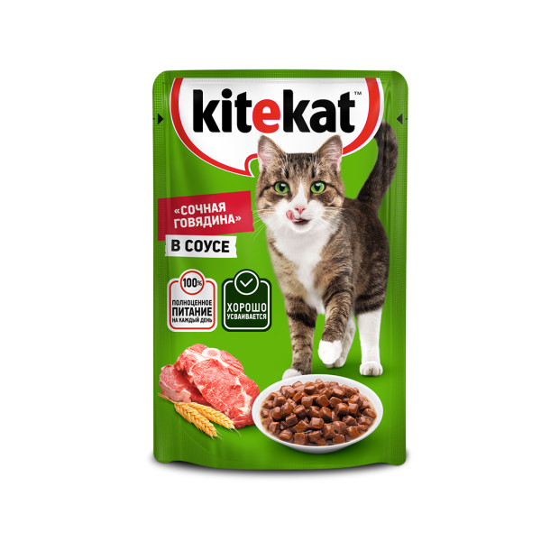 Влажный корм для кошек Kitekat с говядиной в соусе 85г 35₽