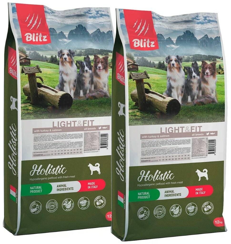 

Сухой корм для собак BLITZ HOLISTIC GRAIN FREE ADULT с индейкой и лососем 2шт по 12кг
