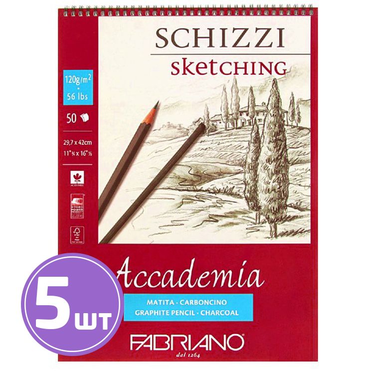 

Альбом для эскизов Fabriano Accademia, 120 г/м2, A3, 29,7х42 см 5 альбомов по 50 л.