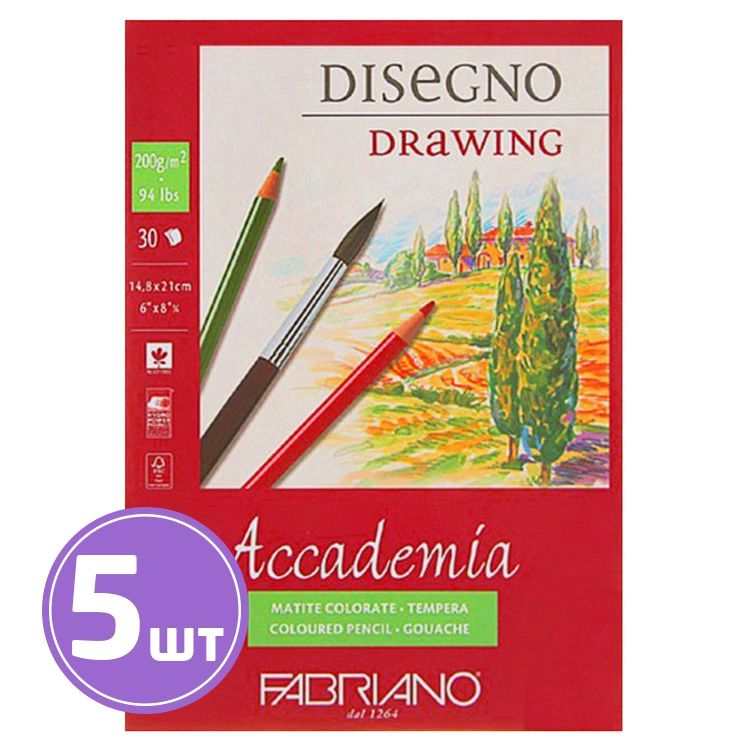 

Альбом для эскизов Fabriano Accademia, 200 г/м2, A5, 14,8х21 см 5 альбомов по 30 л.