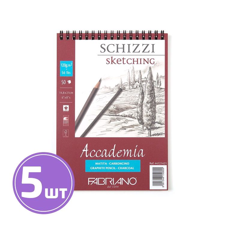 

Альбом для эскизов Fabriano Accаdemia, 120 г/м2, A5, 14,8х21 см 5 альбомов по 50 л.