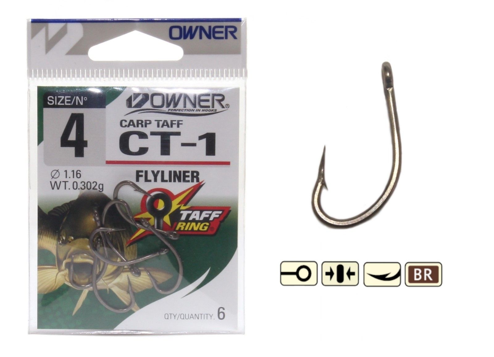 

Одинарные крючки Owner Curve Shank №6 BR, с колечком, прямое острие, с бородкой, Серый